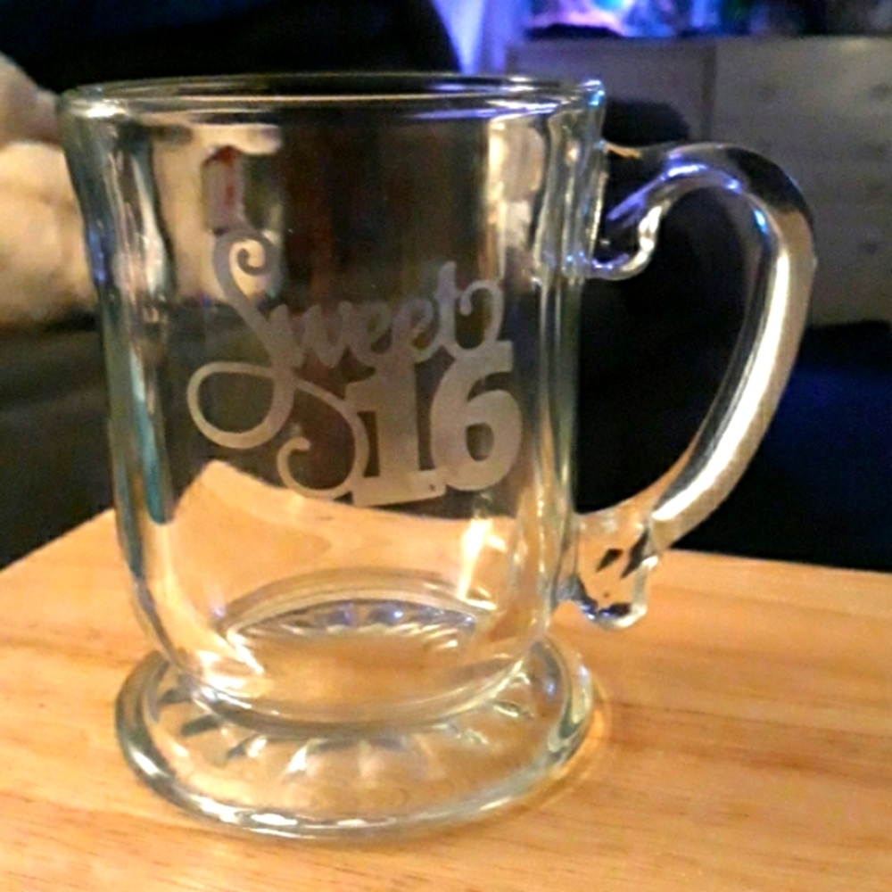 Sweet 16 heavy glass frosted letter drinking/celebrating mug with large handle